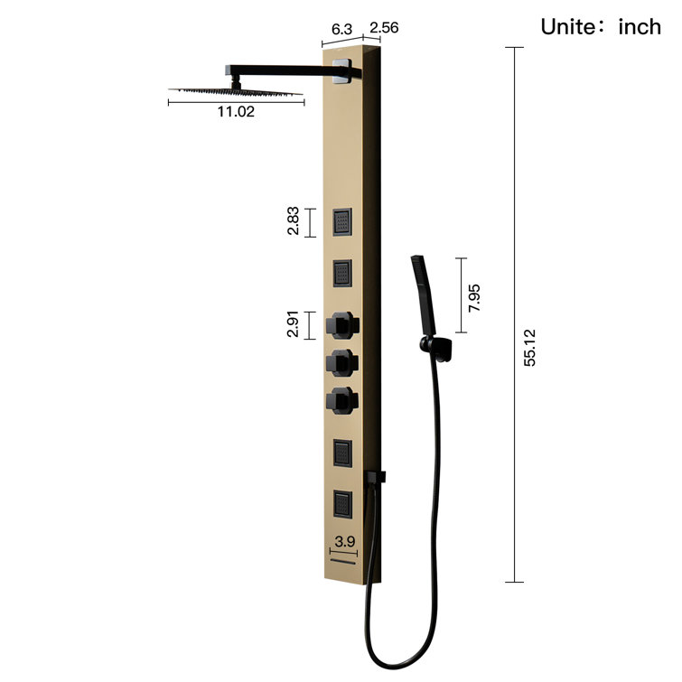 55'' Black and Gold Stainless Steel Shower Panel System