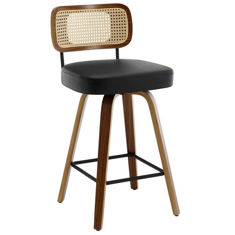 Black Faux Leather Swivel Bar Stools with Rattan Back, Set of 3