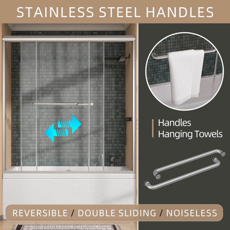 Brushed Nickel Semi-Frameless Double Sliding Bathtub Door with Tempered Glass
