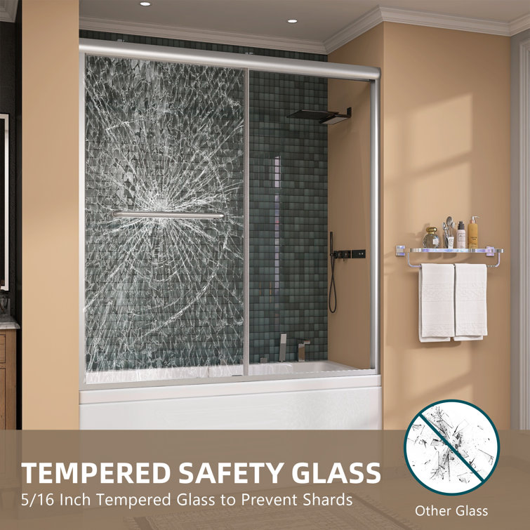 Brushed Nickel Semi-Frameless Double Sliding Bathtub Door with Tempered Glass