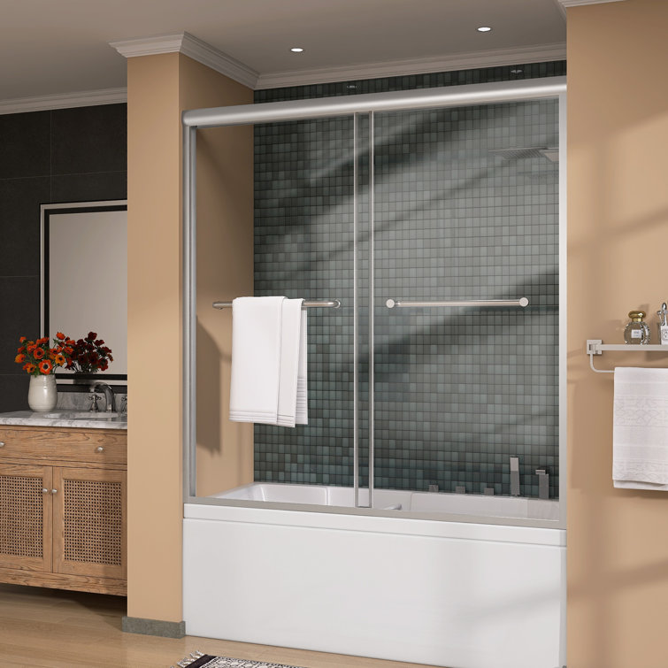 Brushed Nickel Semi-Frameless Double Sliding Bathtub Door with Tempered Glass