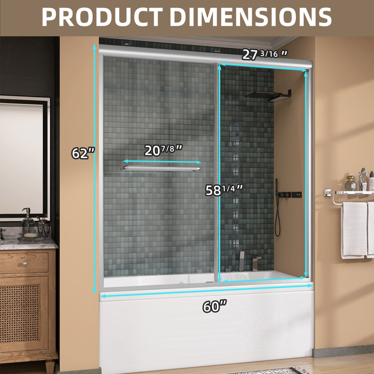 Brushed Nickel Semi-Frameless Double Sliding Bathtub Door with Tempered Glass