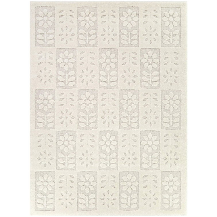Cream Floral Rectangular Synthetic Easy Care Area Rug