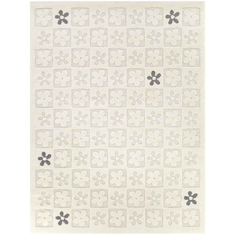 Gray and Off-White Rectangular Synthetic Kids' Rug
