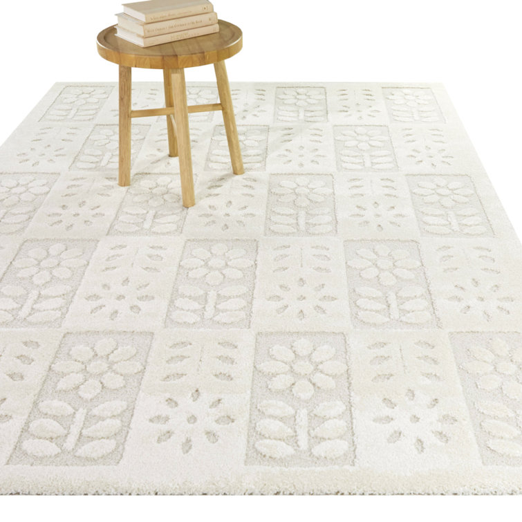 Cream Floral Rectangular Synthetic Easy Care Area Rug