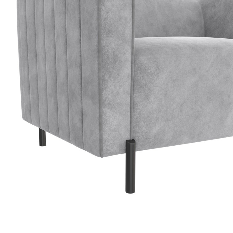 Light Gray Velvet Ribbed Accent Chair with Black Metal Legs