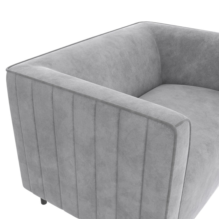 Light Gray Velvet Ribbed Accent Chair with Black Metal Legs