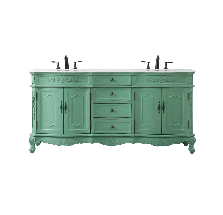 Vintage Mint Solid Wood Double Bathroom Vanity with Marble Top