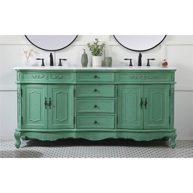 Vintage Mint Solid Wood Double Bathroom Vanity with Marble Top