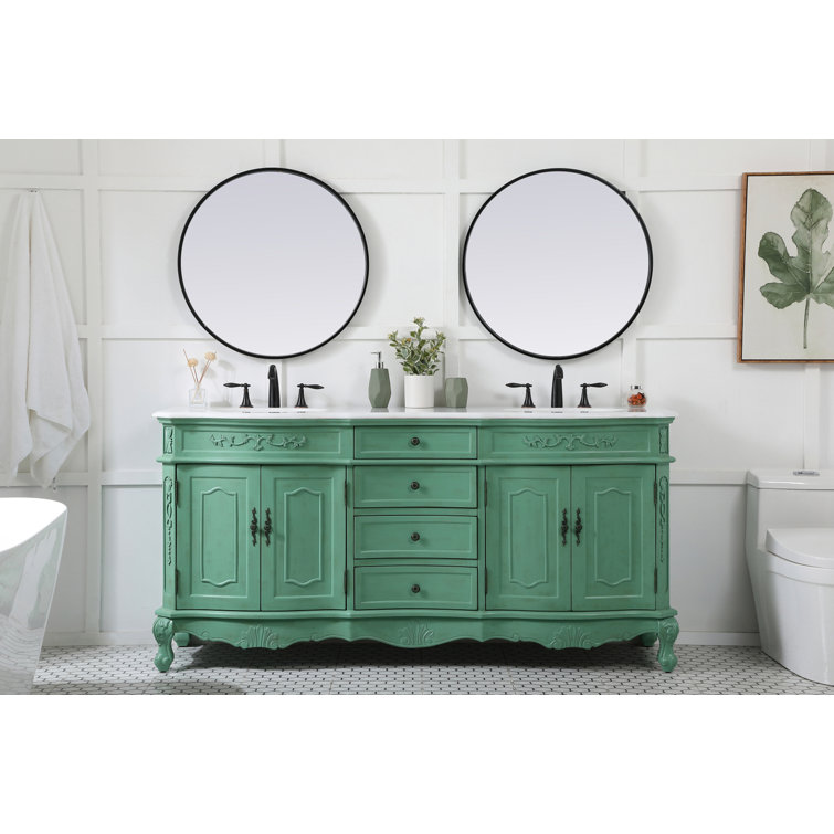 Vintage Mint Solid Wood Double Bathroom Vanity with Marble Top