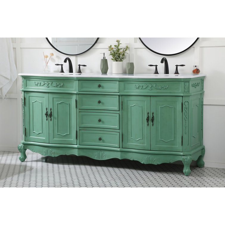 Vintage Mint Solid Wood Double Bathroom Vanity with Marble Top