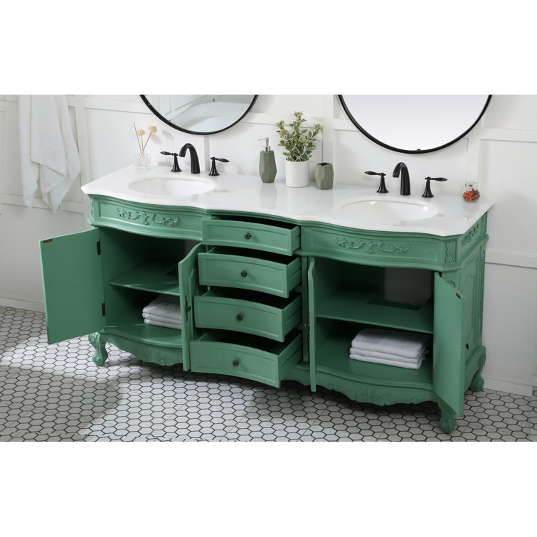 Vintage Mint Solid Wood Double Bathroom Vanity with Marble Top