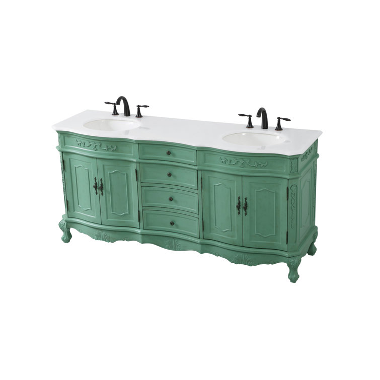 Vintage Mint Solid Wood Double Bathroom Vanity with Marble Top
