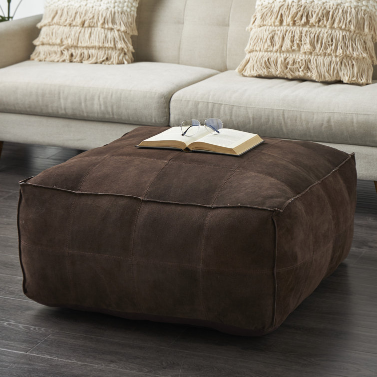 Dark Brown Genuine Leather Square Ottoman Pouf