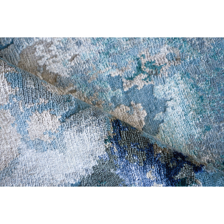 Hand-Knotted Blue and Silver Abstract Wool Viscose Rug, 8' x 10'
