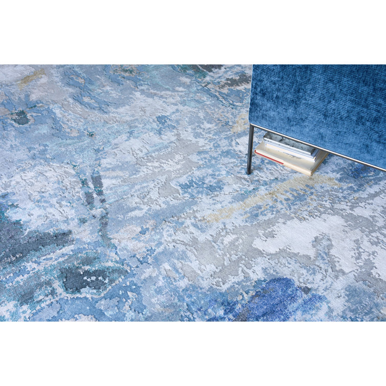 Hand-Knotted Blue and Silver Abstract Wool Viscose Rug, 8' x 10'
