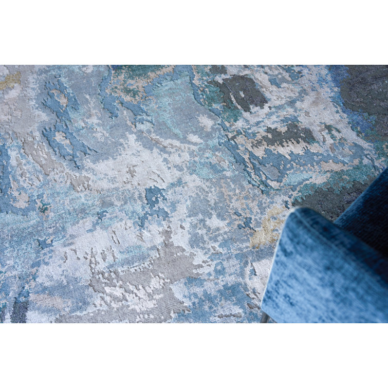 Hand-Knotted Blue and Silver Abstract Wool Viscose Rug, 8' x 10'