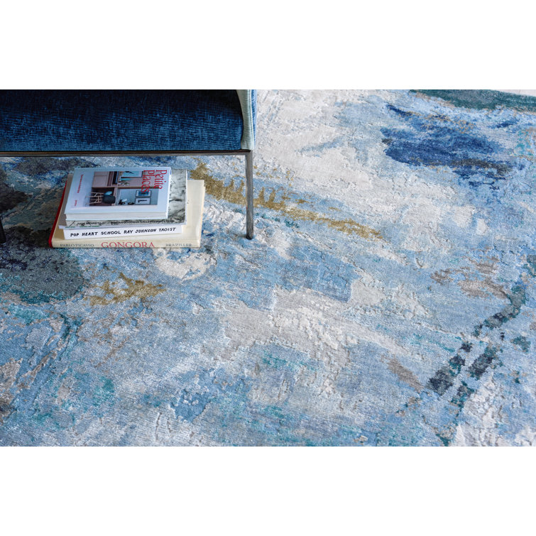 Hand-Knotted Blue and Silver Abstract Wool Viscose Rug, 8' x 10'