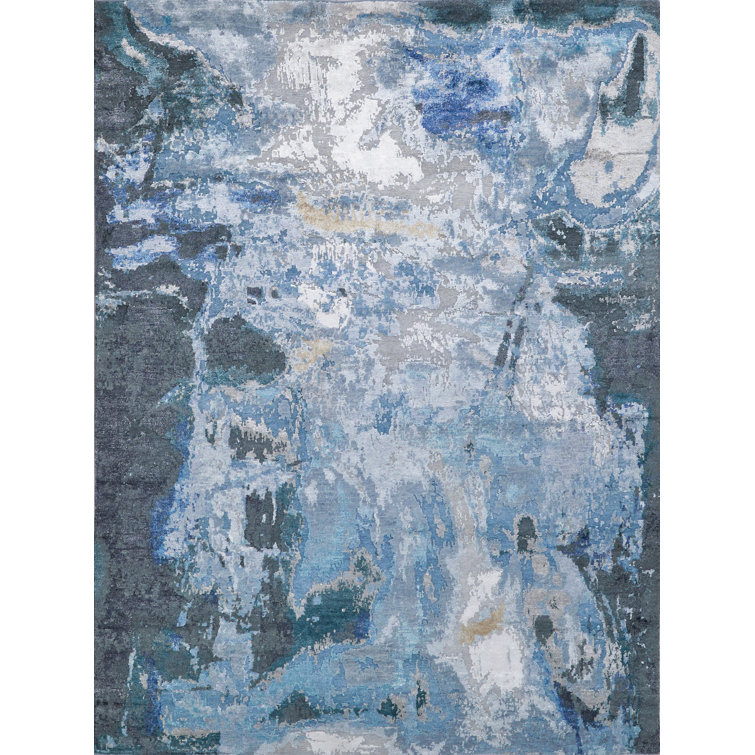 Hand-Knotted Blue and Silver Abstract Wool Viscose Rug, 8' x 10'