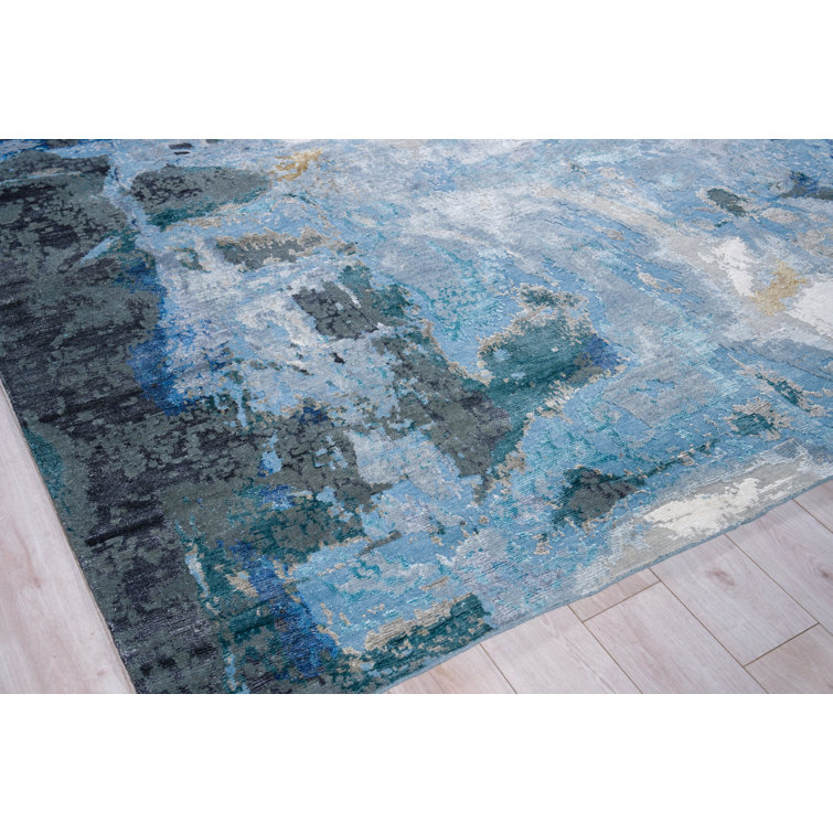 Hand-Knotted Blue and Silver Abstract Wool Viscose Rug, 8' x 10'