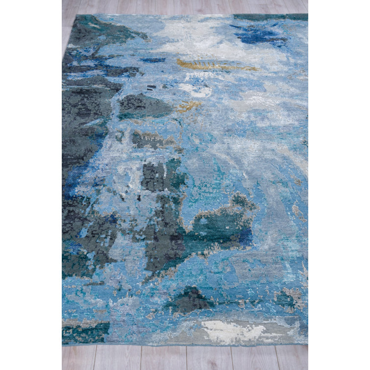 Hand-Knotted Blue and Silver Abstract Wool Viscose Rug, 8' x 10'
