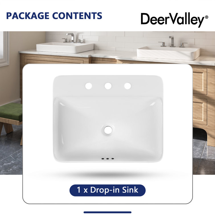 White Ceramic Rectangular Drop-In Bathroom Sink with Overflow