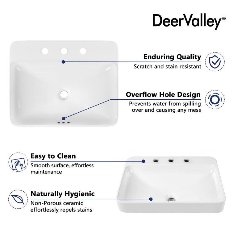 White Ceramic Rectangular Drop-In Bathroom Sink with Overflow