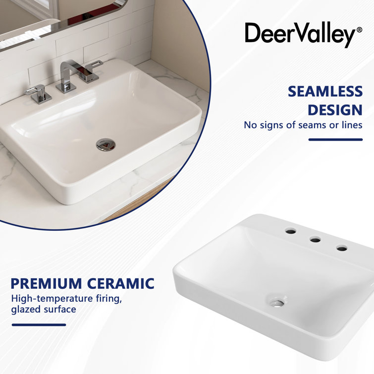 White Ceramic Rectangular Drop-In Bathroom Sink with Overflow