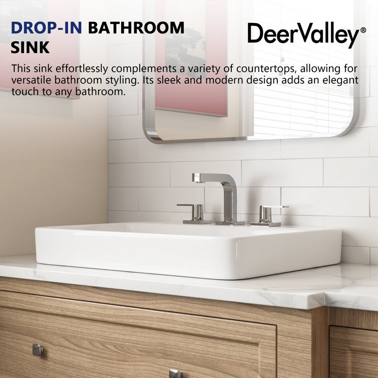 White Ceramic Rectangular Drop-In Bathroom Sink with Overflow