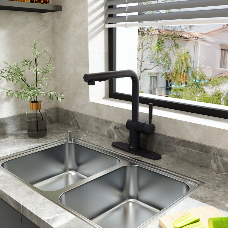 Matte Black Single-Handle Pull-Out Kitchen Faucet with Deck Plate