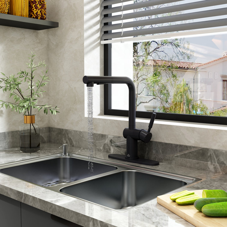 Matte Black Single-Handle Pull-Out Kitchen Faucet with Deck Plate