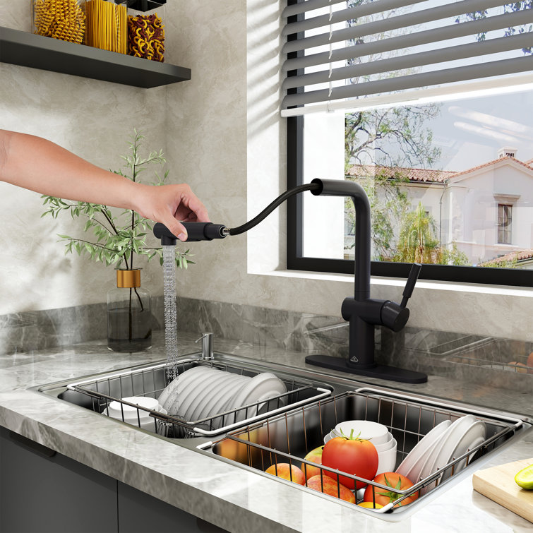 Matte Black Single-Handle Pull-Out Kitchen Faucet with Deck Plate