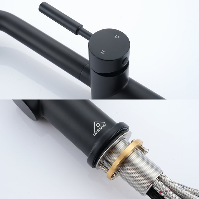 Matte Black Single-Handle Pull-Out Kitchen Faucet with Deck Plate