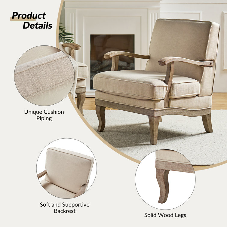 Beige Linen and Wood Handcrafted Armchair