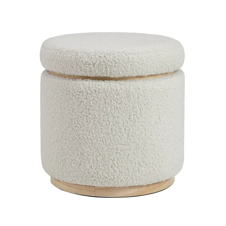 White Sherpa Round Storage Ottoman with Pinewood Trim