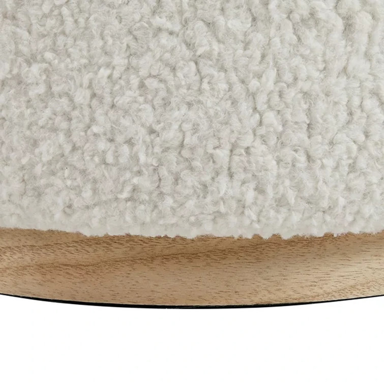 White Sherpa Round Storage Ottoman with Pinewood Trim