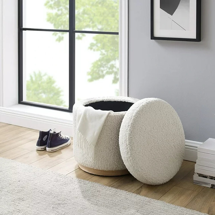 White Sherpa Round Storage Ottoman with Pinewood Trim