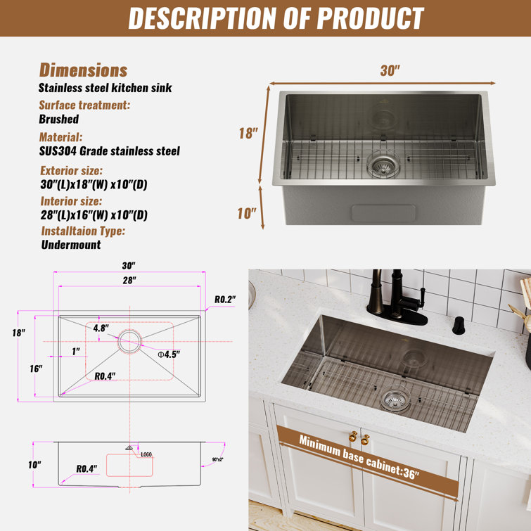 30" Stainless Steel Farmhouse Single Bowl Undermount Kitchen Sink