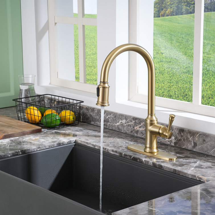 Brushed Gold Single Handle Pull-Out Kitchen Faucet with Deck Plate