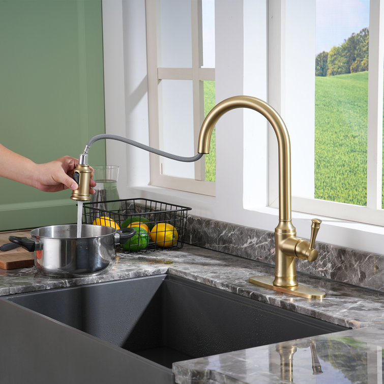 Brushed Gold Single Handle Pull-Out Kitchen Faucet with Deck Plate