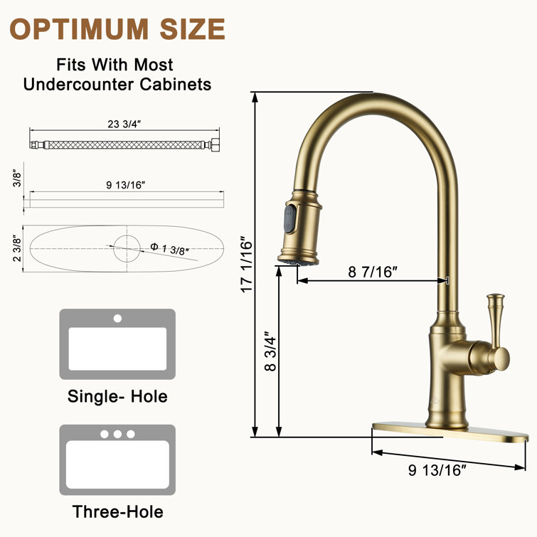 Brushed Gold Single Handle Pull-Out Kitchen Faucet with Deck Plate