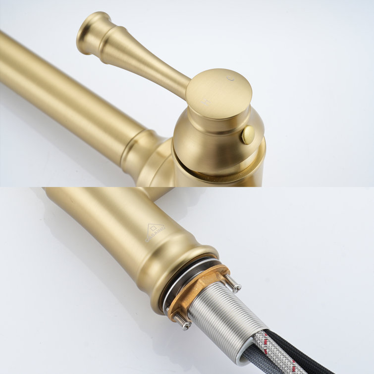 Brushed Gold Single Handle Pull-Out Kitchen Faucet with Deck Plate