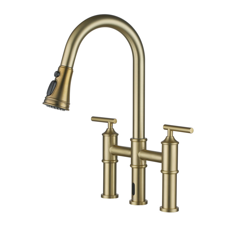 Brushed Gold Double Handle Pull-Out Spray Kitchen Faucet
