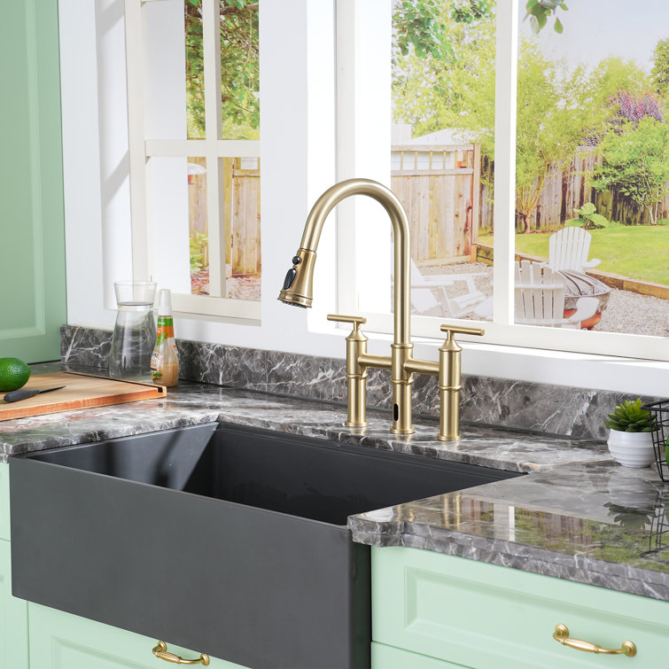 Brushed Gold Double Handle Pull-Out Spray Kitchen Faucet