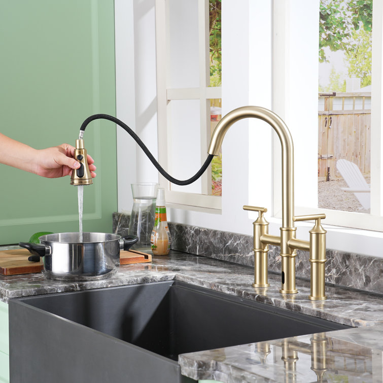 Brushed Gold Double Handle Pull-Out Spray Kitchen Faucet