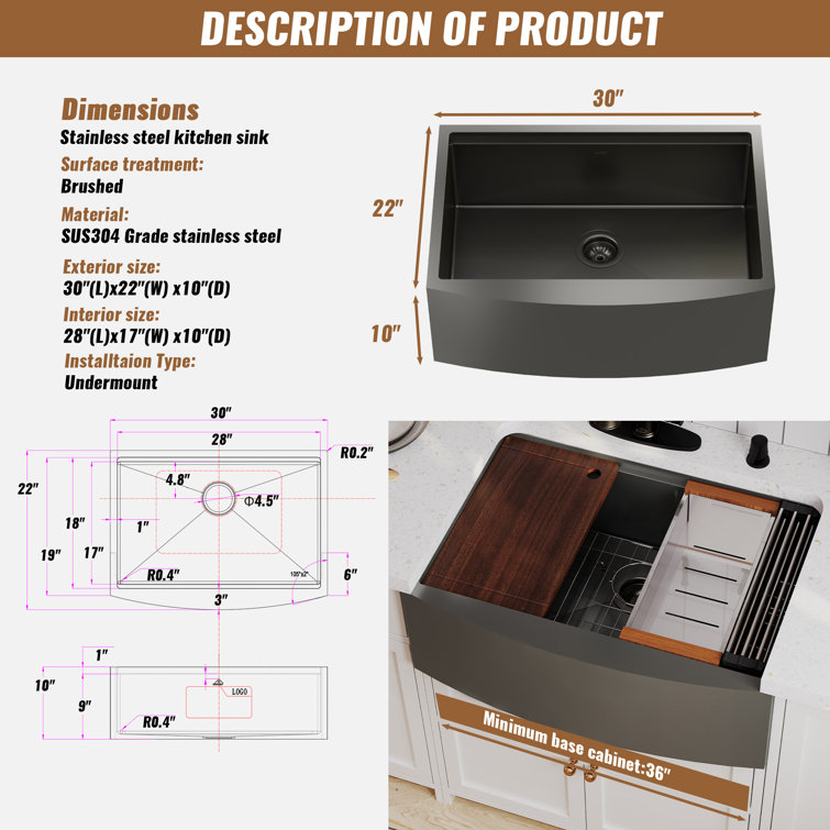 30'' Single Bowl Stainless Steel Farmhouse Kitchen Sink with Accessories