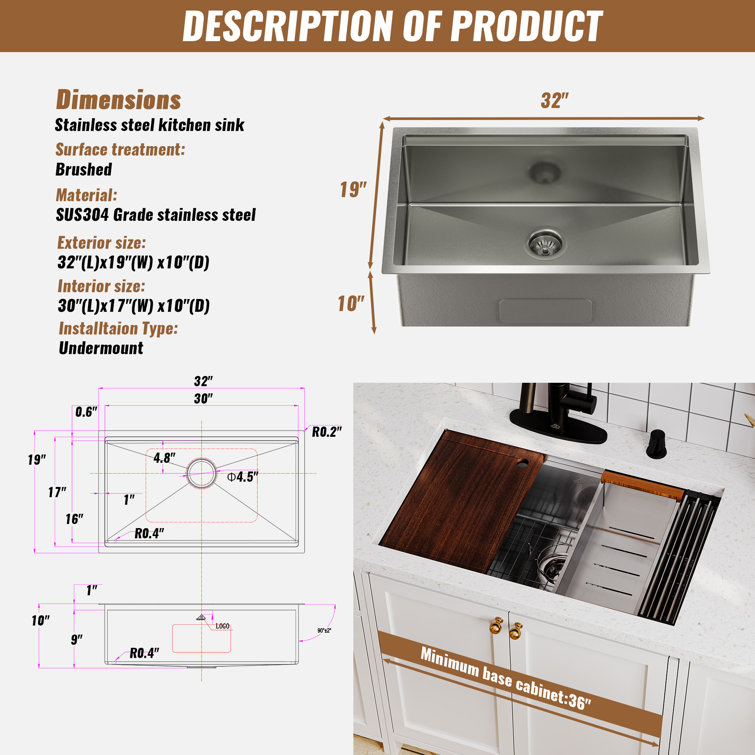 32'' Stainless Steel Single Bowl Farmhouse Kitchen Sink