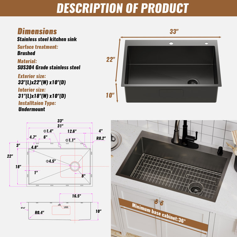 33" Gunmetal Black Stainless Steel Farmhouse Kitchen Sink