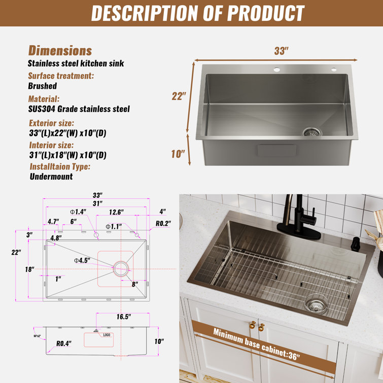 33" Brushed Stainless Steel Farmhouse Kitchen Sink with Grid