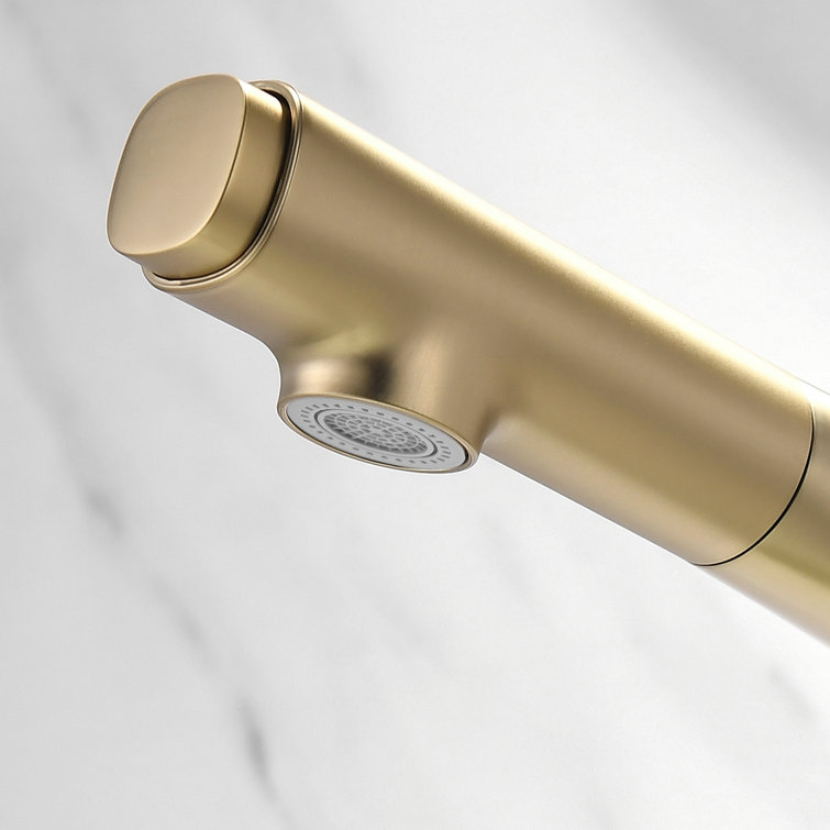 Brushed Gold Deck-Mounted Bathroom Faucet with Pull Out Sprayer
